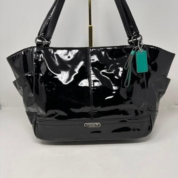 Coach Park Patent Carry Tote F23979 Purse Shoulder Bag Black with Aqua Interior - Picture 2 of 16